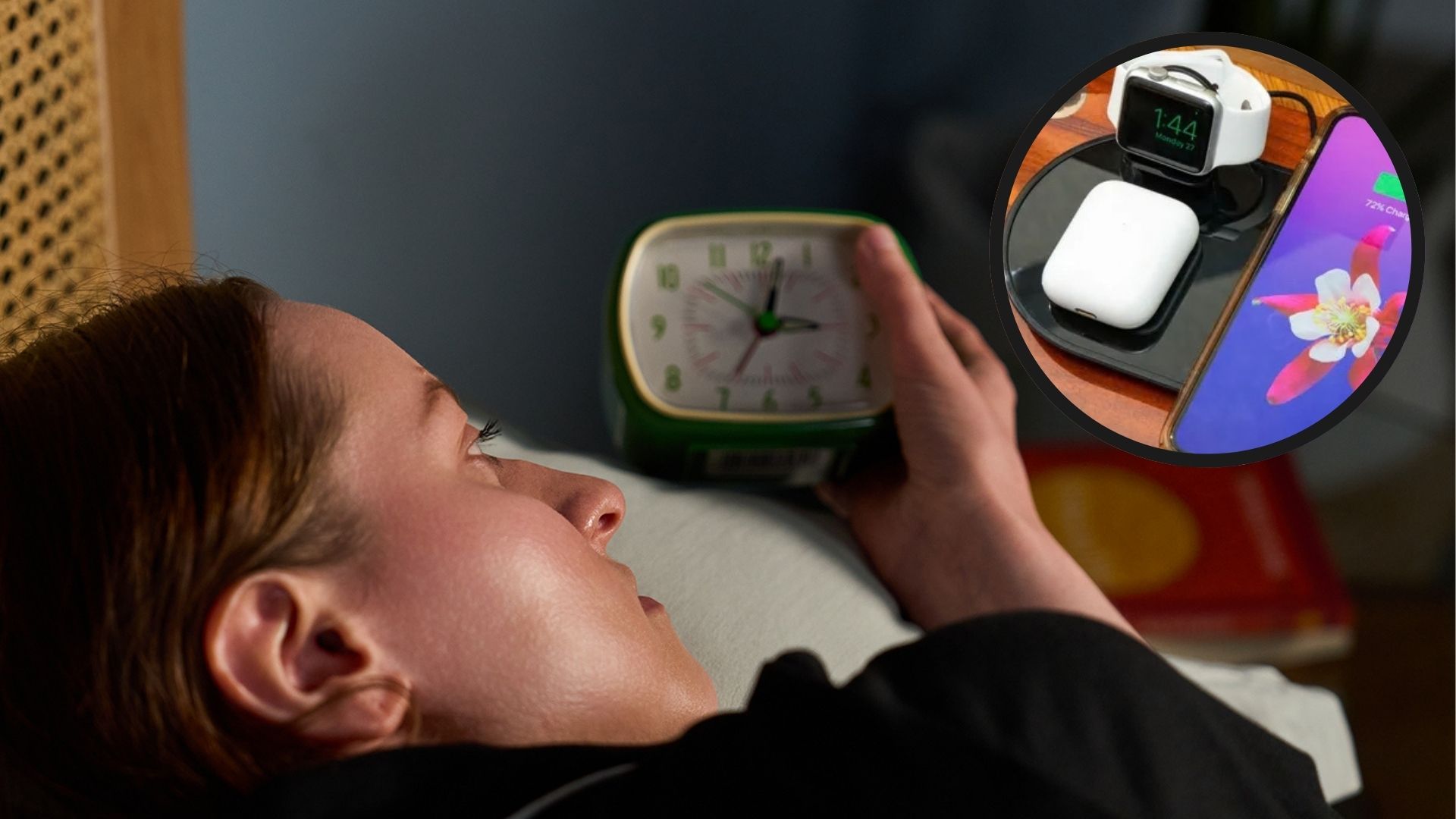 A woman wakes up at 3 a.m. with insomnia. In the top right foreground, there is a desk with various electronics charging.