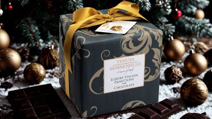 packaged in a navy blue box with a gold ribbon - Chocolate Panettone by DukesHill