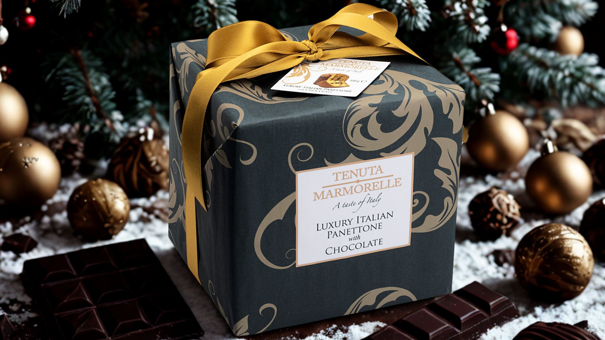 packaged in a navy blue box with a gold ribbon - Chocolate Panettone by DukesHill