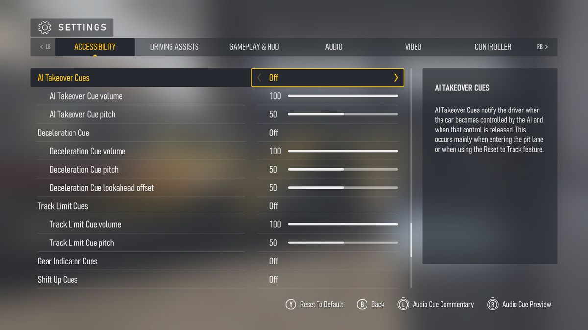 Screenshots of Forza Motorsport (2023)'s accessibility menus and settings.