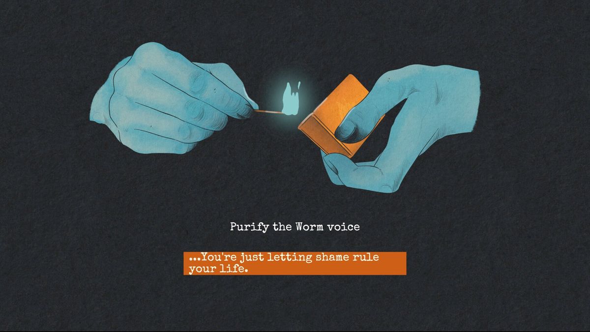 Hand-drawn game art in orange and teal colours for the upcoming video game I Shall Name the Dead