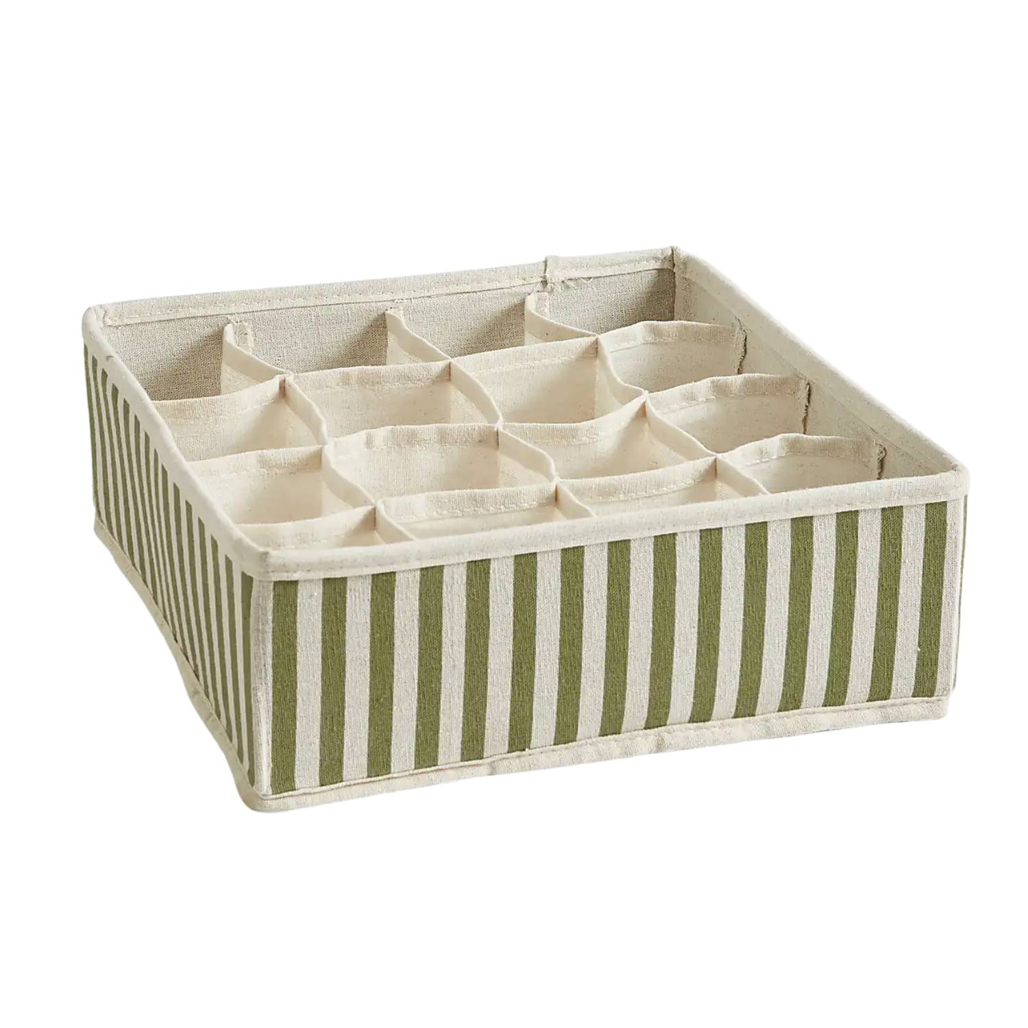 A 16-section drawer organizer with white and olive stripes