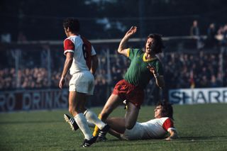 ADO Den Haag's Aad Mansveld is brought down in a match against Feyenoord in October 1972.