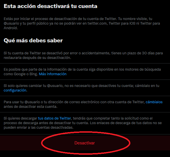 Desactivar cuenta twitter