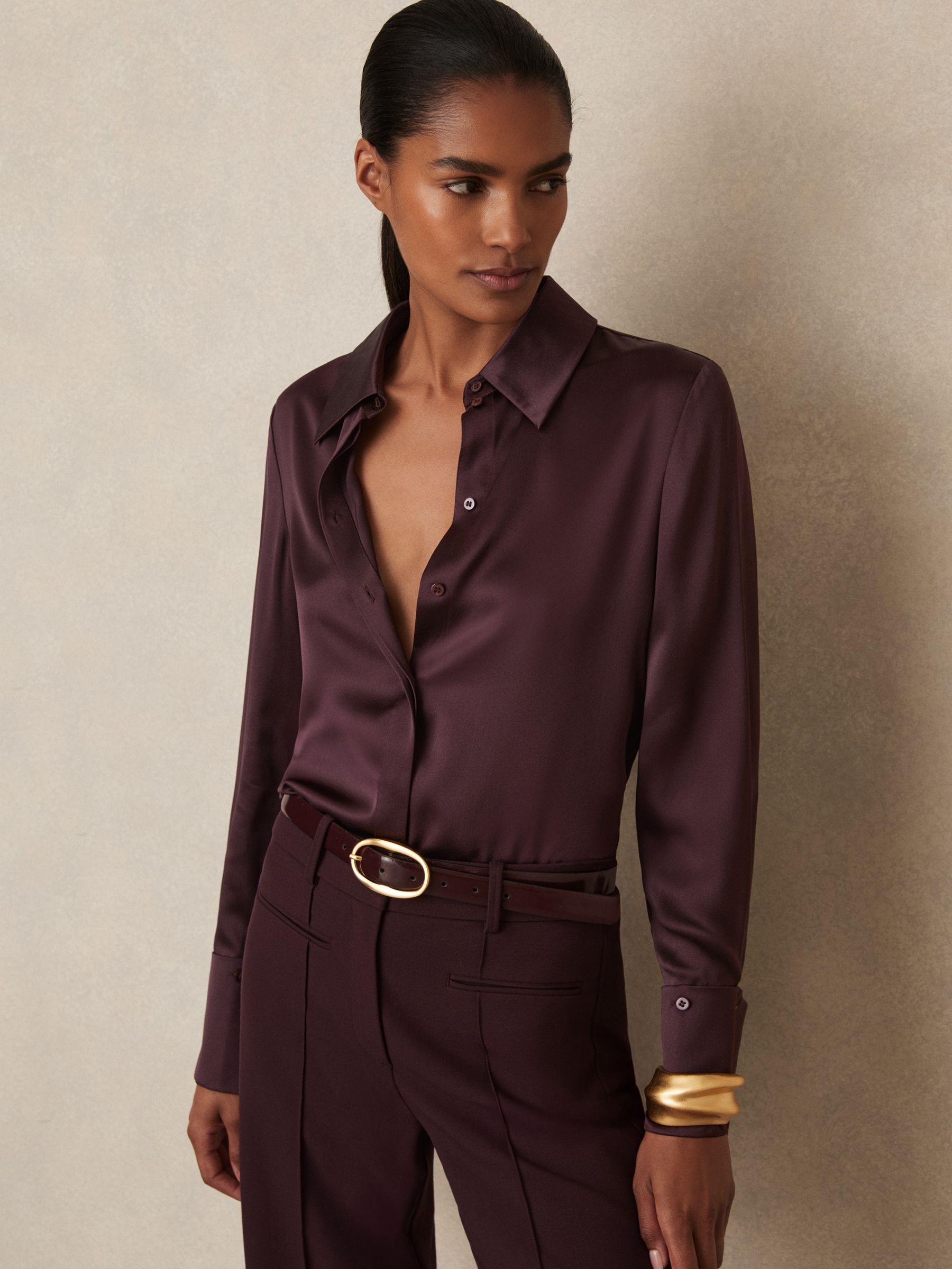 Silk Double-Cuff Button-Through Shirt in Red