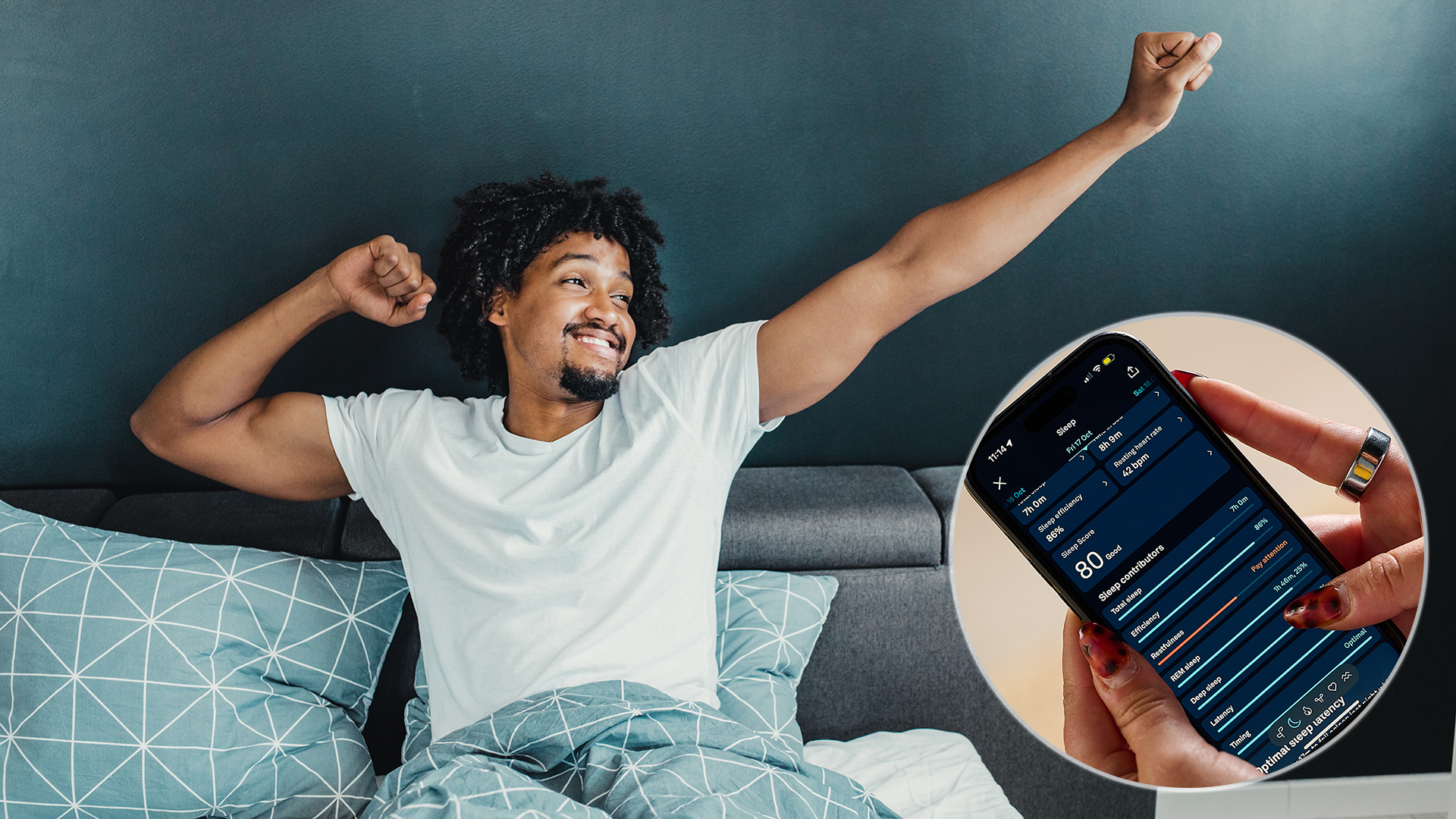 The main image shows a man sitting up in bed and stretching in the morning, looking well rested. In the bottom right is an ident showing a close up of a phone showing sleep tracking information