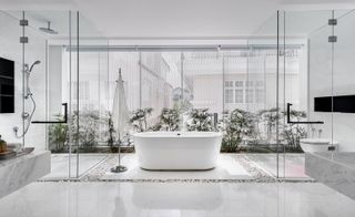 Bathroom with white flooring , bath tub