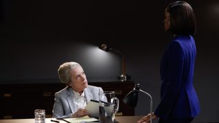 Kathy Bates as Matlock looking up at an angry Olympia (Skye P. Marshall) in Matlock episode 17