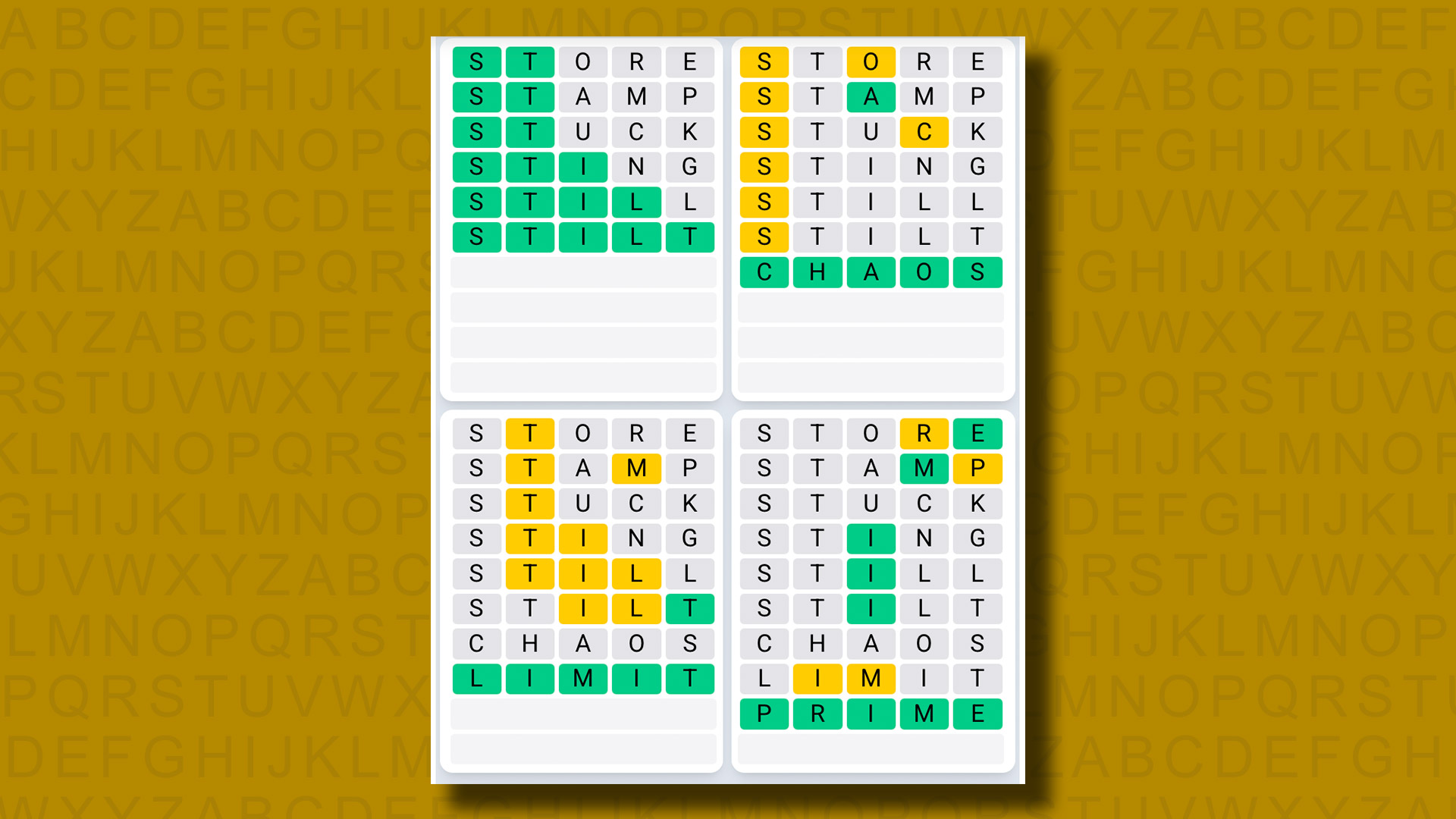 Quordle Daily Sequence answers for game 1339 on a yellow background