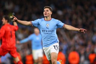 Julian Alvarez of Manchester City celebrates after scoring a goal to make it 4-0 during the UEFA Champions League semi-final second leg match between Manchester City FC and Real Madrid at Etihad Stadium on May 17, 2023 in Manchester, United Kingdom.