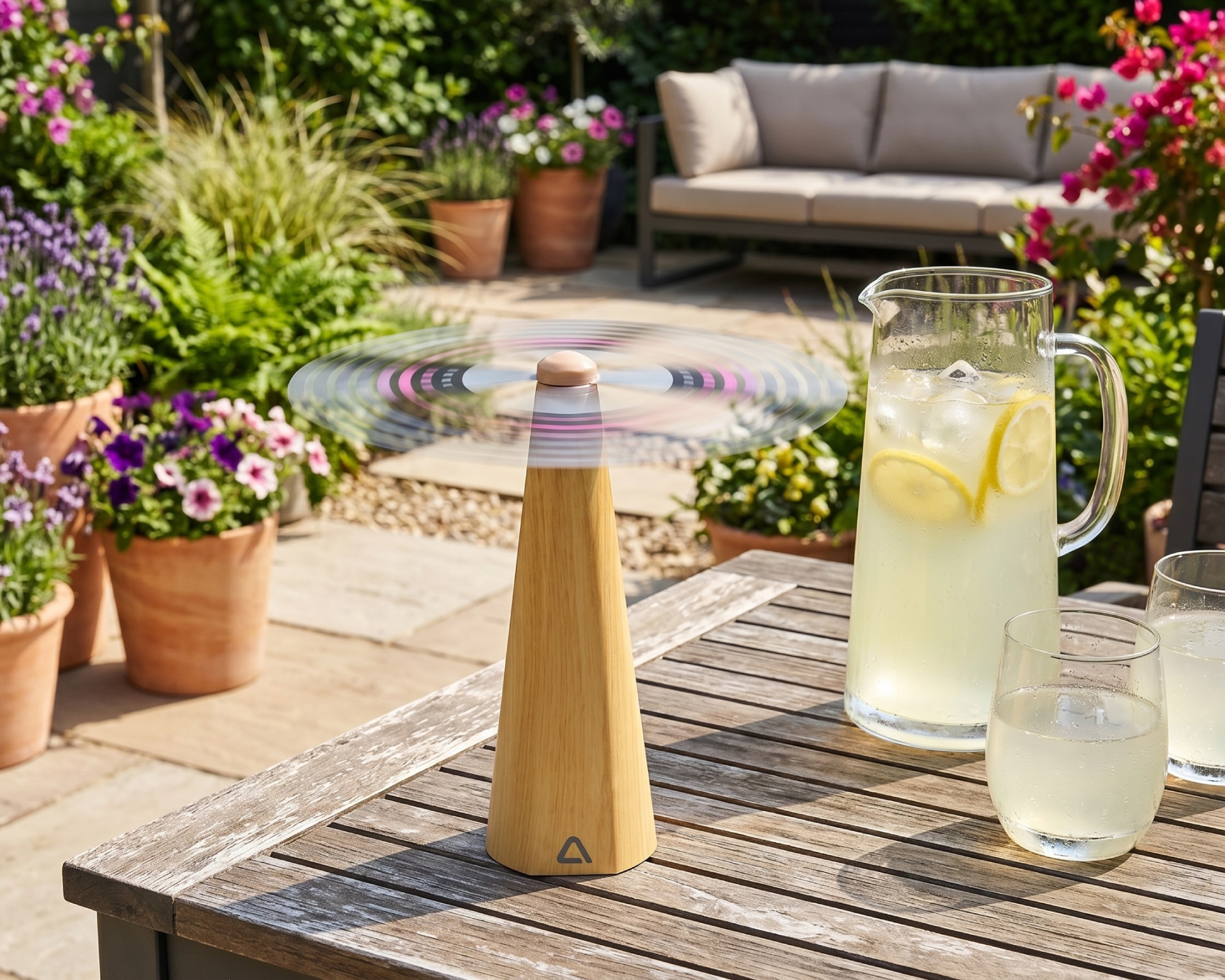 ALDI&amp;rsquo;s Ambiano Bug Repellant Fan operating on a garden table next to a jug of lemonade