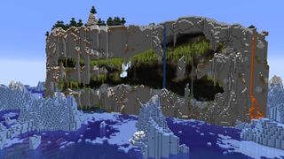 Minecraft seeds - a massive exposed lush cave mountain in an ice spikes biome