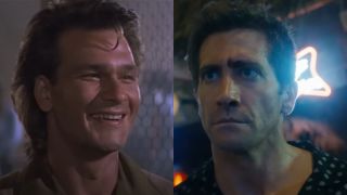 From left to right: Patrick Swayze smiling in the 1989 Road House and Jake Gyllenhaal looking serious in the 2023 Road House.
