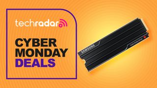 A Samsung 9100 Pro against an orange TechRadar Cyber Monday deals background