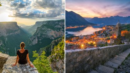 L-a woman looking out over mountains, R-a view of Old Town, Montenegro 