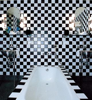 The bathroom at the Morgans Hotel in New York ﻿with her signature monochrome graphics, designed in 1984