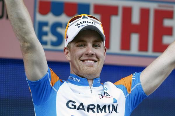 Tyler Farrar (Garmin - Transitions) celebrates his sprint victory on the podium.