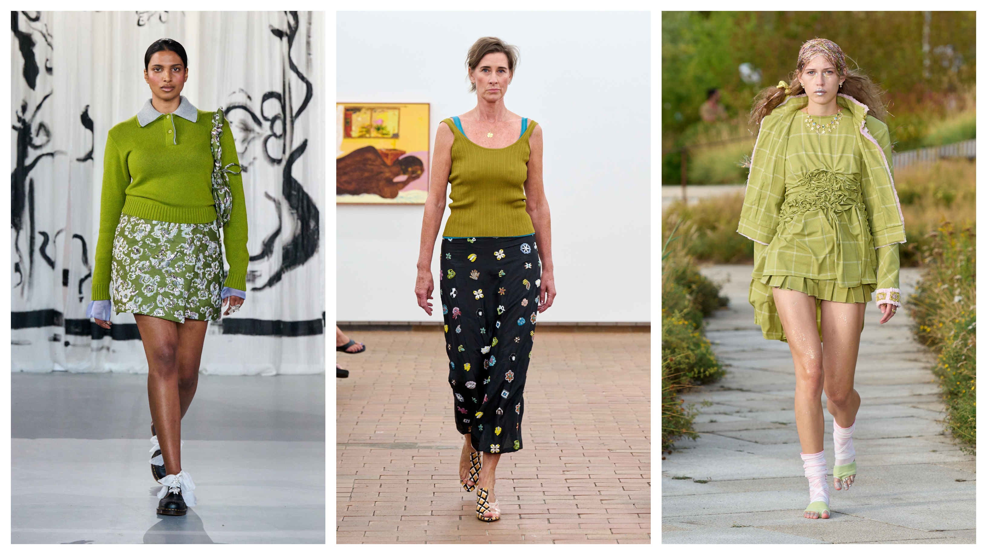 A collage featuring models wearing green color trend on the runways of Copenhagen Fashion Week spring/summer 2027.