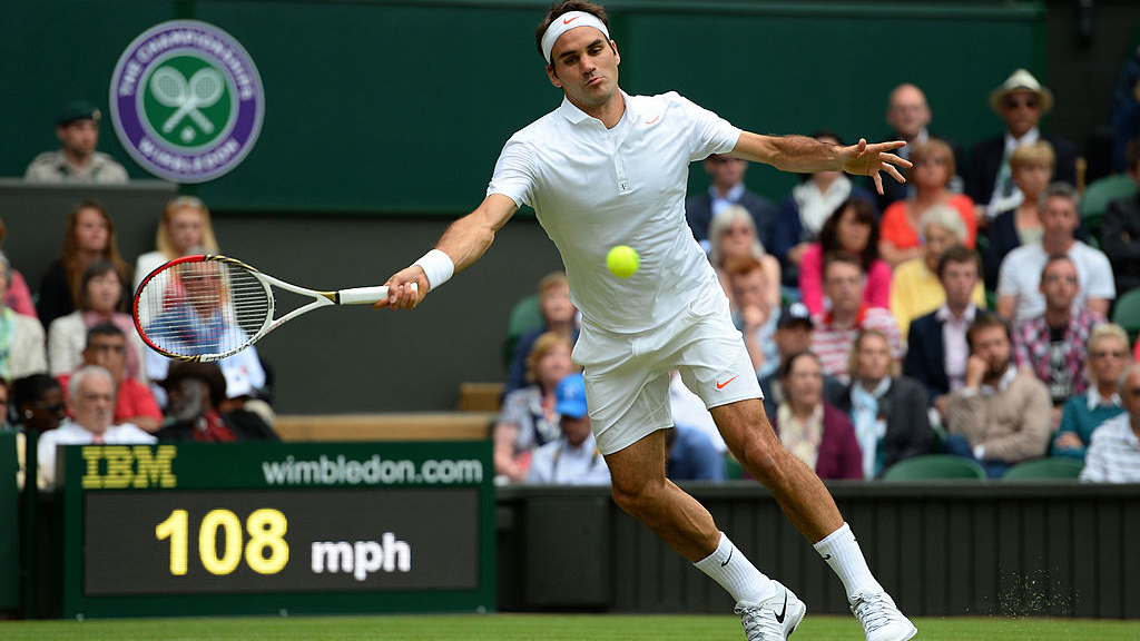 Roger Federer trying to hit back a ball that is travelling 108mph