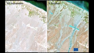 The European Sentinel satellites captured the coast of Oman before and after the passage of Cyclone Shaheen.