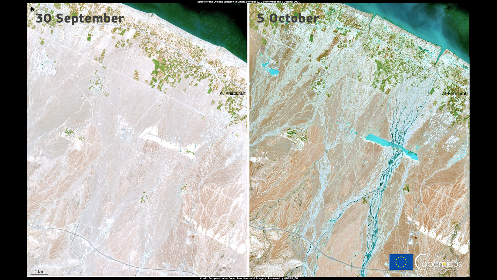 The European Sentinel satellites captured the coast of Oman before and after the passage of Cyclone Shaheen.