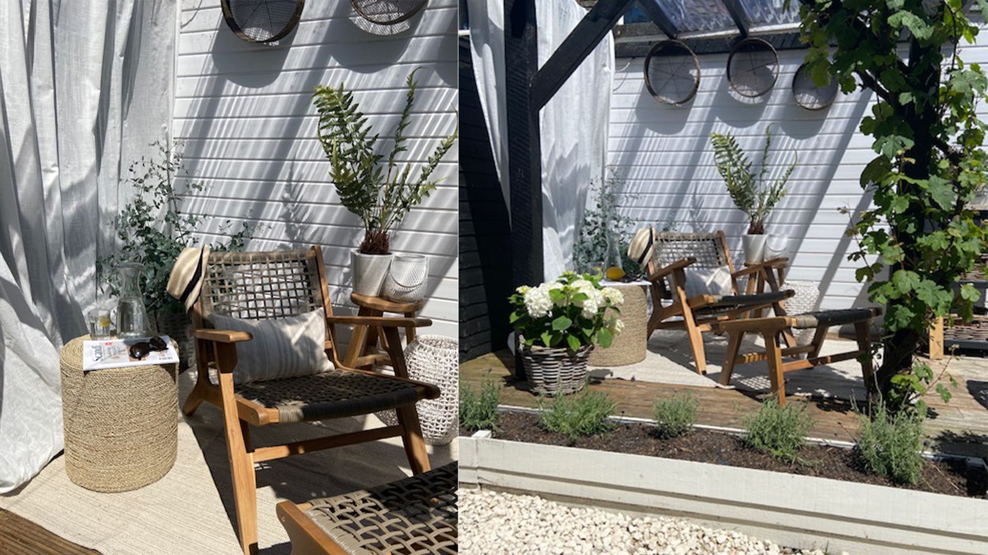 stylish gazebo with planters, pots and privacy curtain to suggest a cheap way to block your neighbor's view