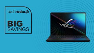 Asus ROG Zephyrus M16 gaming laptop on blue background with big savings text overlay