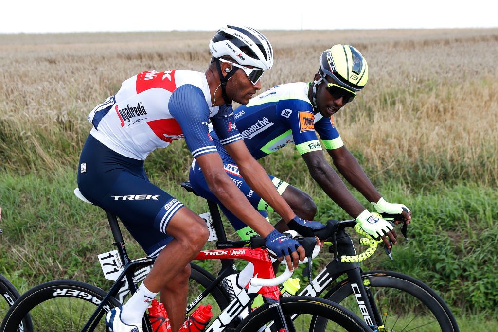 CHELM POLAND AUGUST 09 Amanuel Ghebreigzabhier of Eritrea and Team Trek Segafredo Biniam Girmay of Eritrea and Team Intermarch Wanty Gobert Matriaux during the 78th Tour de Pologne 2021 Stage 1 a 216km stage from Lublin to Chem 212m TourdePologne TDP2021 UCIWT on August 09 2021 in Chelm Poland Photo by Bas CzerwinskiGetty Images
