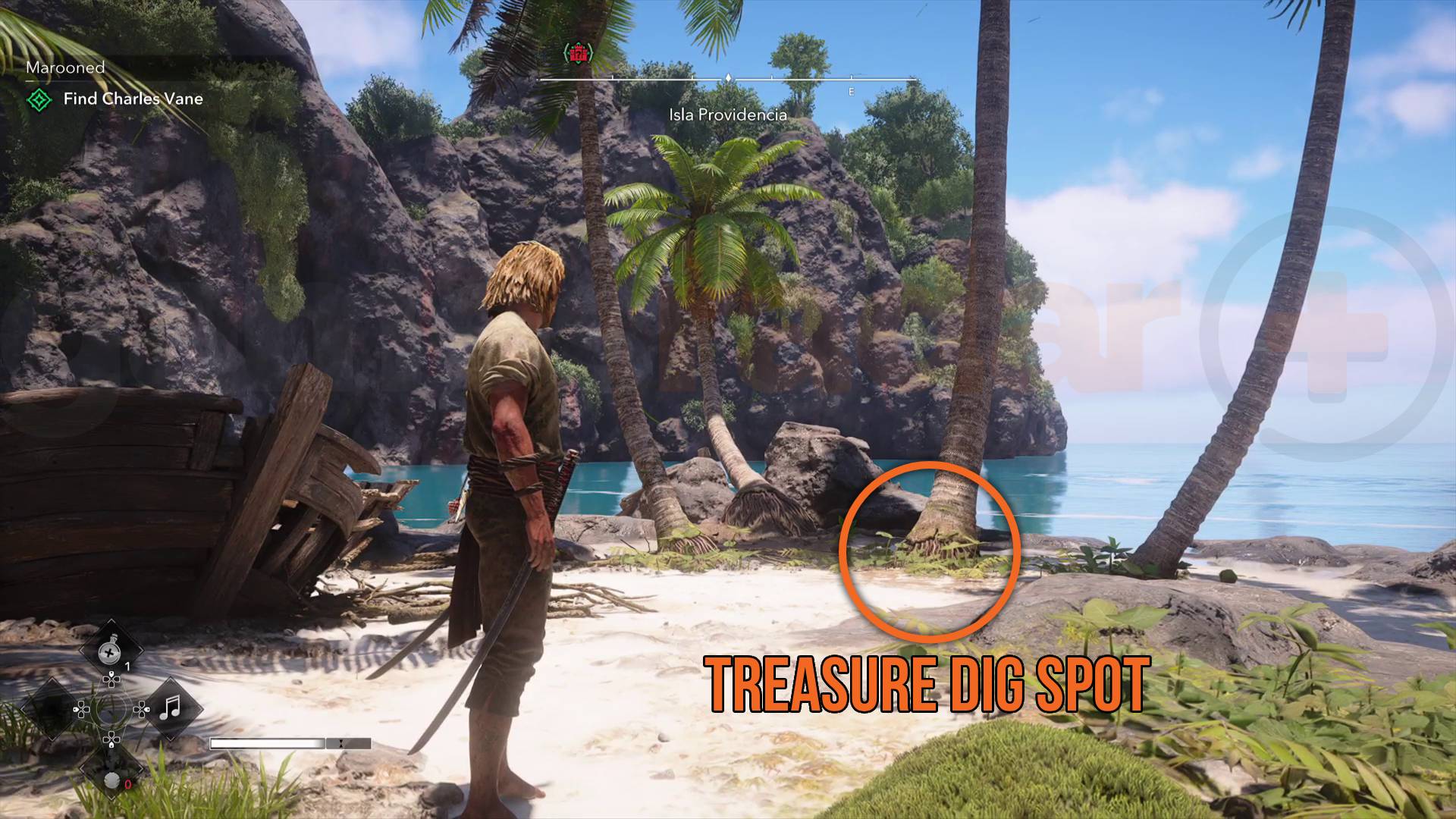 Assassin's Creed Black Flag Resynced Isla Providencia treasure dig spot near palm trees