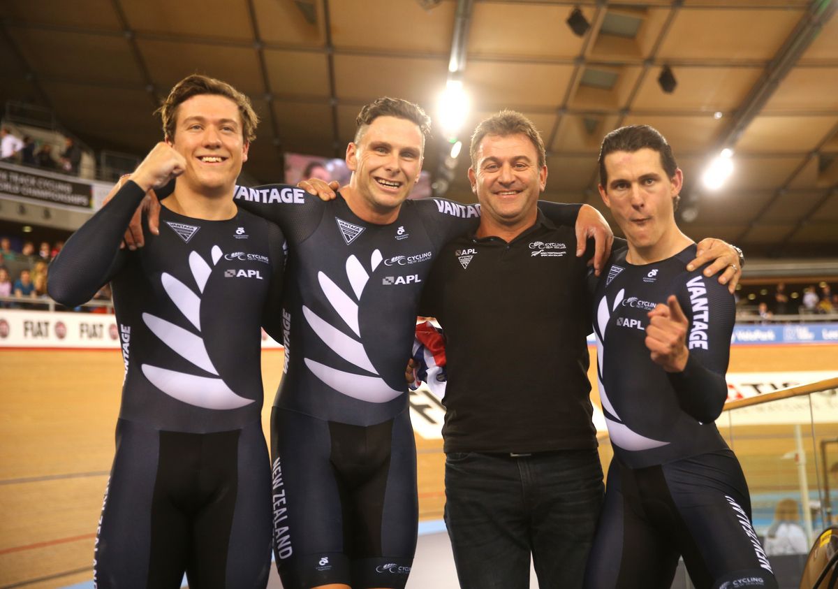 The triumphant New Zealand team after claiming gold in the team sprint