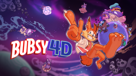 Key art for Bubsy 4D shows the orange bobcat floating through a purple galaxy and grinning