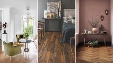 Three images of rooms with polished hardwood floors