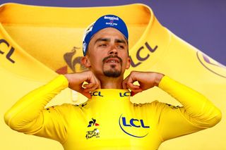 Julian Alaphilippe in yellow after stage 10 at the Tour de France