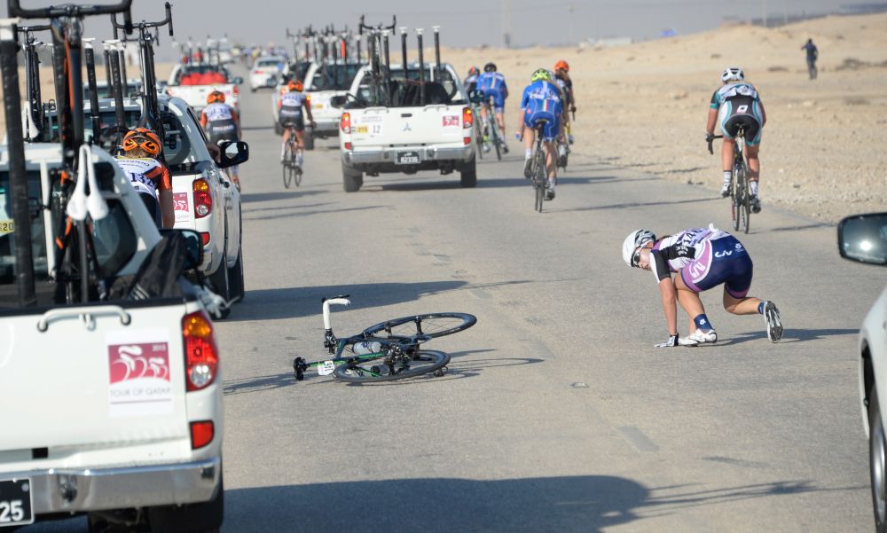 A crash in the peloton sends riders scattering