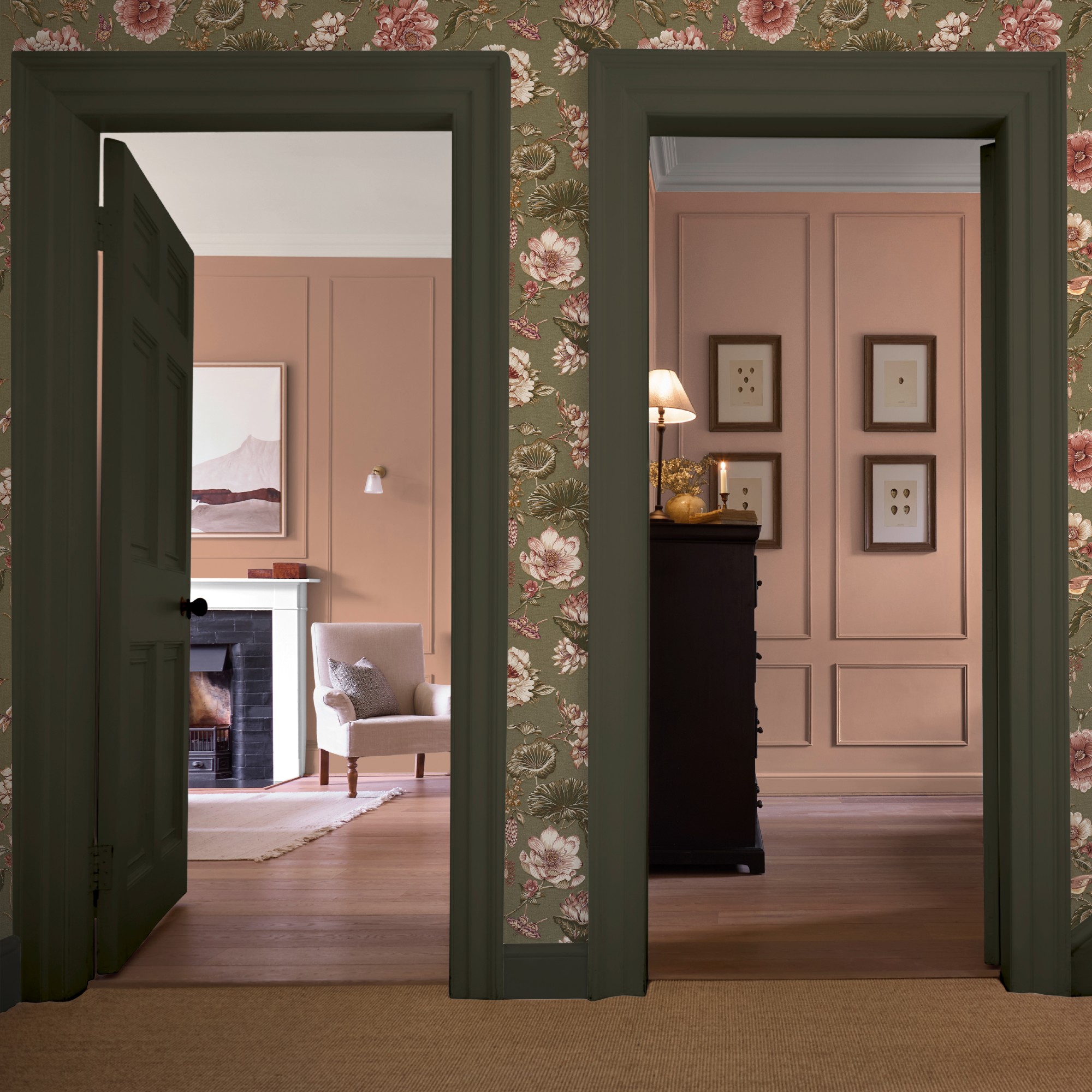 A hallway with two open dark green doorways leading into rooms painted in Graham &amp; Brown's Rose Earth pink shade