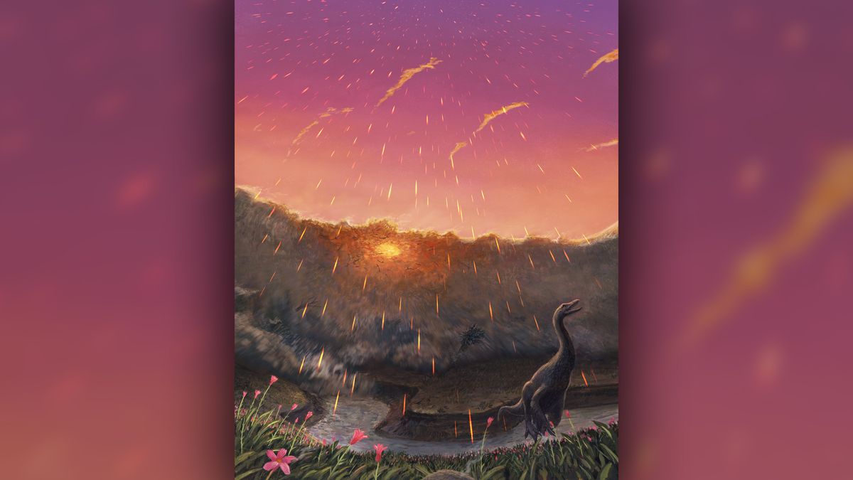 An artistic reconstruction of the seiche wave surging into the Tanis river, bringing in fishes and everything in its path — including trees and dinosaurs — while impact spherules rained down from the sky. 