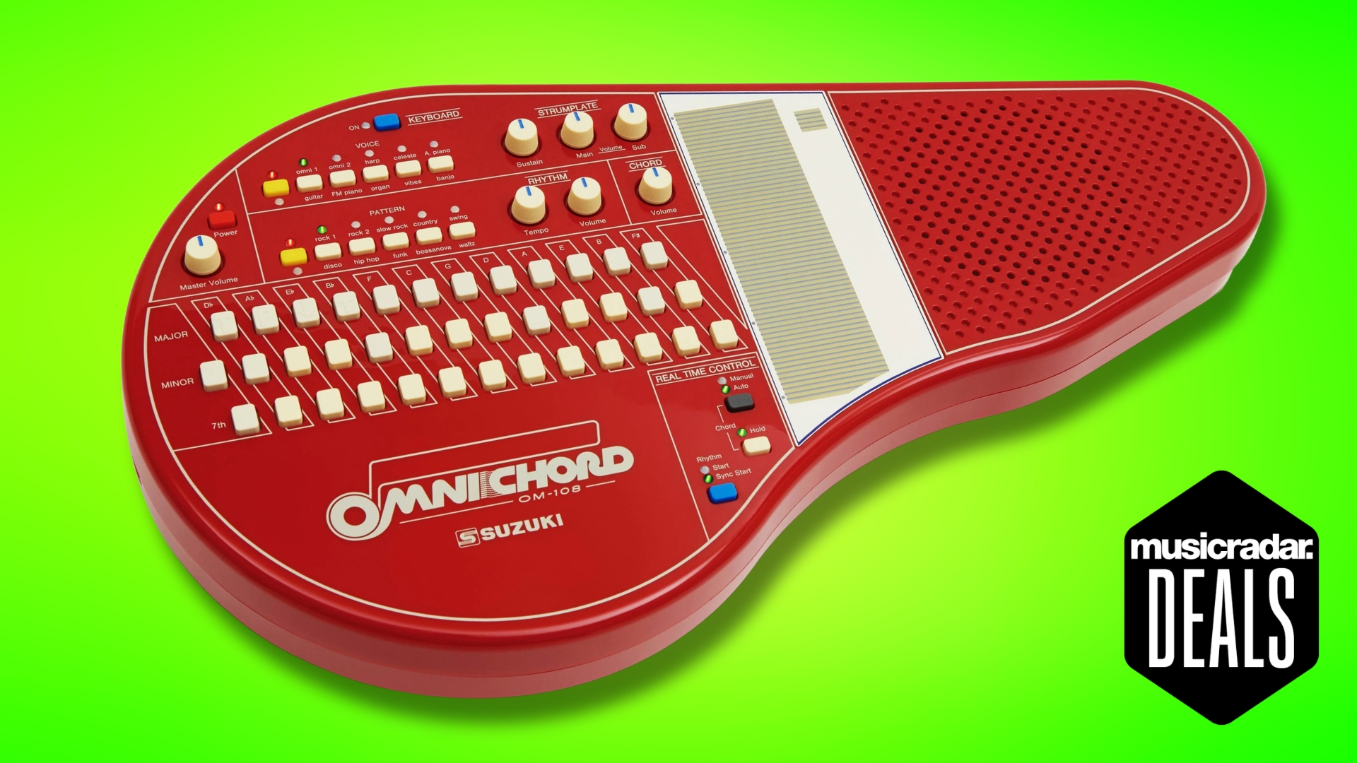 A Suzuki Omnichord on a green background