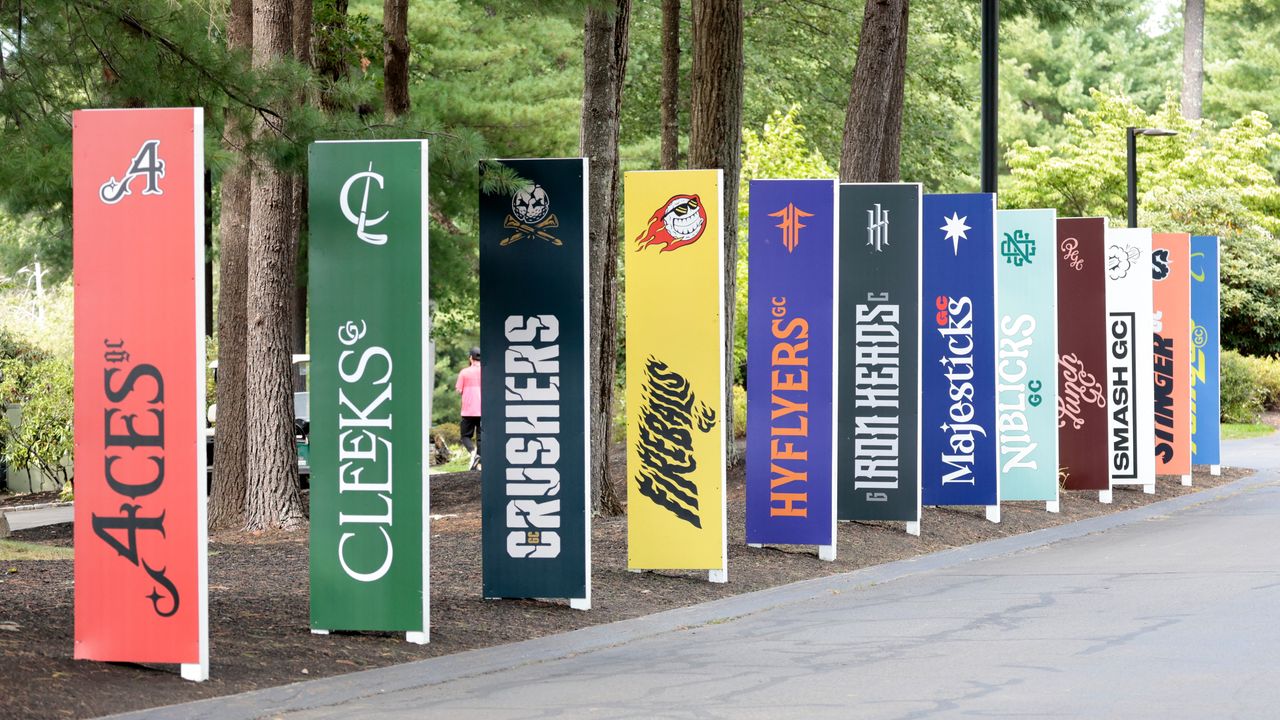 Signs for the 12 teams during practice for the LIV Golf Invitational Series Boston