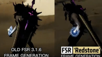 A side-by-side comparison of a game showing FSR Redstone vs an older version of AMD FSR