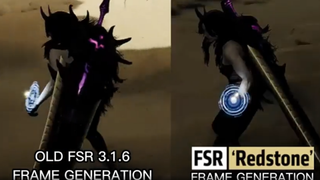 A side-by-side comparison of a game showing FSR Redstone vs an older version of AMD FSR