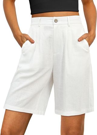 Luvamia Linen Shorts for Women High Waisted Bermuda Shorts for Women With Pockets Womens Linen Shorts Women's Shorts White Shorts for Women High Waisted Cream White Size Large Fits Size 12 Size 14