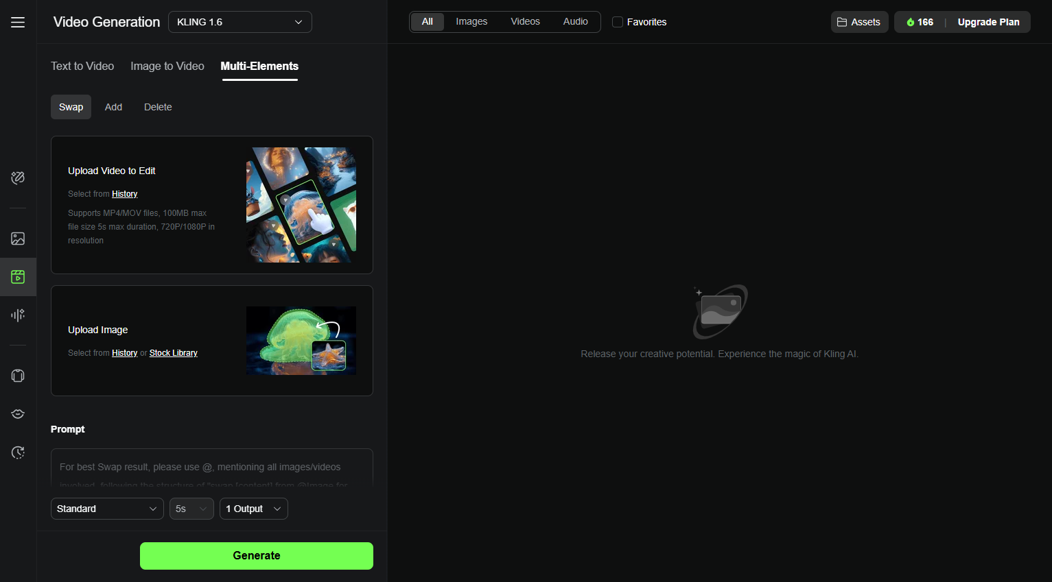 A screenshot of the Kling AI dashboard