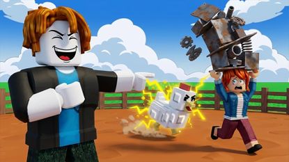Press shot for Grow a Chicken Fighter codes showing a character laughing at another character running with a pile of scrap above their head being chased by an electric chicken