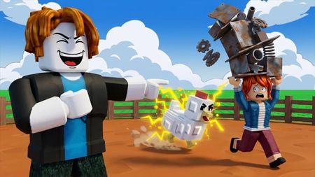 Press shot for Grow a Chicken Fighter codes showing a character laughing at another character running with a pile of scrap above their head being chased by an electric chicken