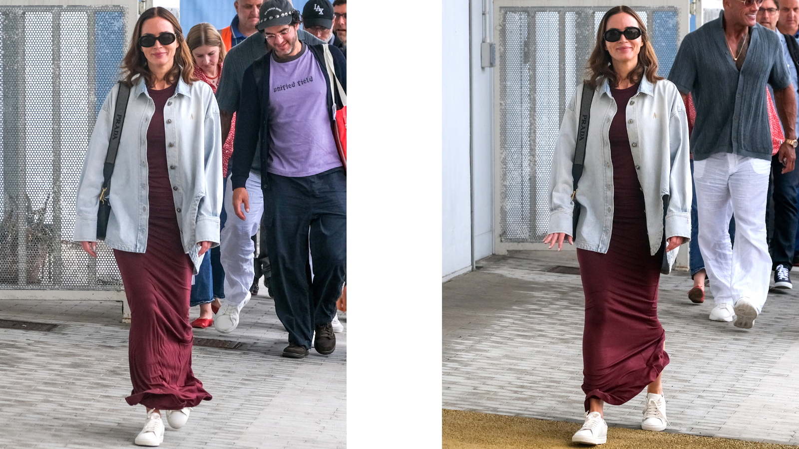 Emily Blunt wearing a burgundy dress and denim shacket