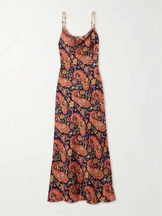 Chainmail-Embellished Paisley-Print Satin Maxi Dress