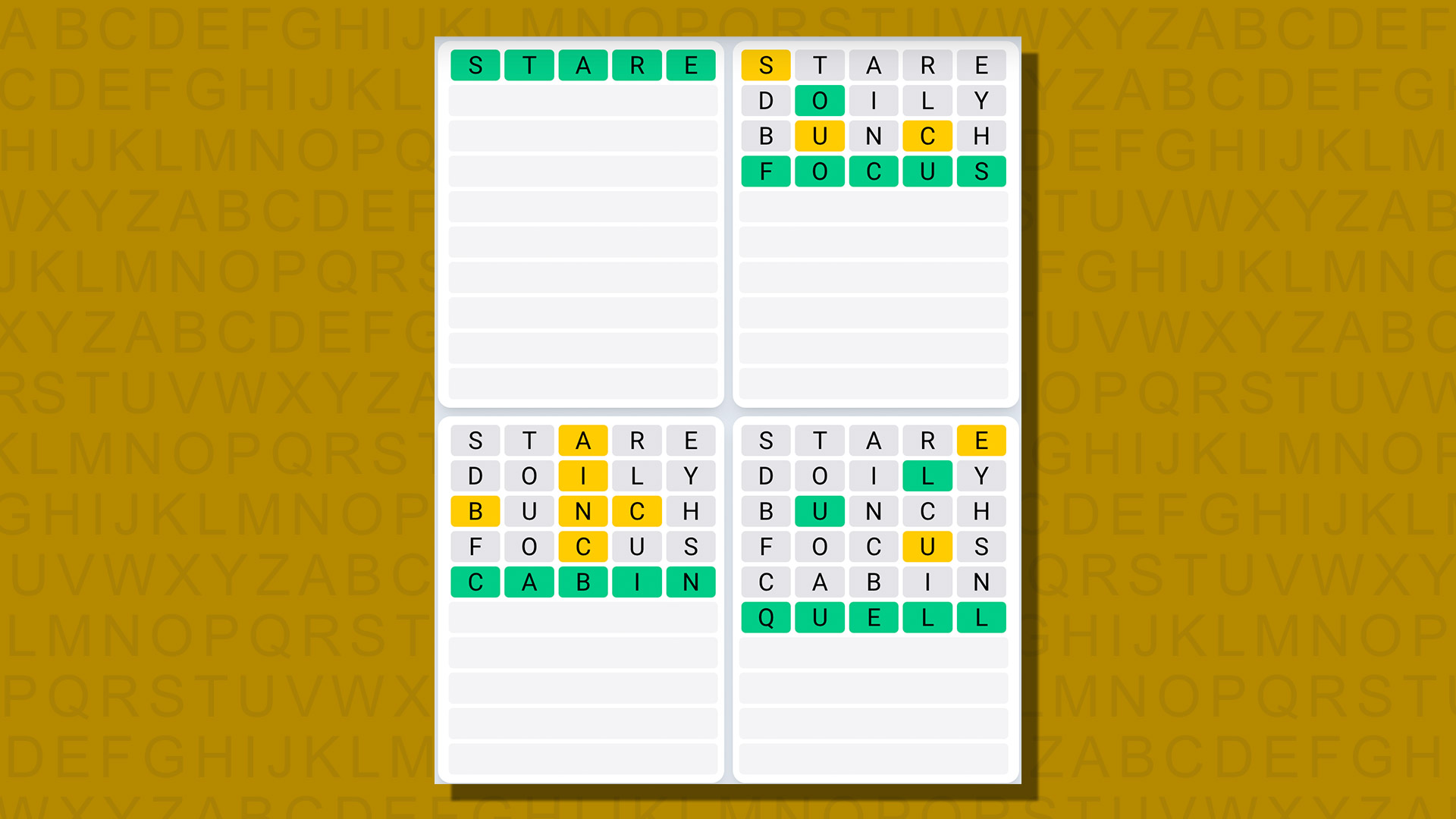 Quordle daily sequence answers for game 801 on a yellow background