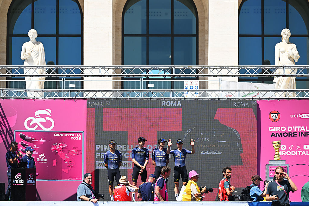 ROME, ITALY - MAY 31: David de la Cruz of Spain, Mark Donovan of Great Britain, David Gonzalez of Spain, Chris Harper of Australia and Team Pinarello Q36.5 Pro Cycling prior to the 109th Giro d&amp;amp;apos;Italia 2026, Stage 21 a 131km stage from Rome to Rome 1289m / #UCIWT / on May 31, 2026 in Rome, Italy. (Photo by Tim de Waele/Getty Images)