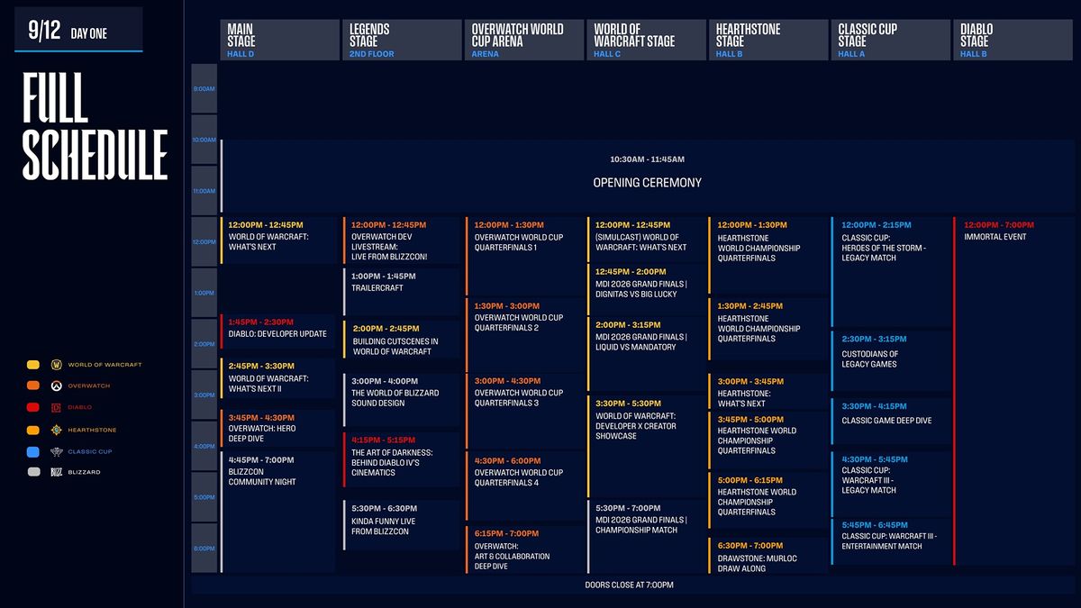 A dark blue event schedule grid for Day One, listing various gaming tournament stages, times, and activities from 9:00 AM until 7:00 PM closing.