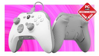 Scuf Valor Pro white controller showing front and rear side on a pink background with a PC Gamer Recommended label on top